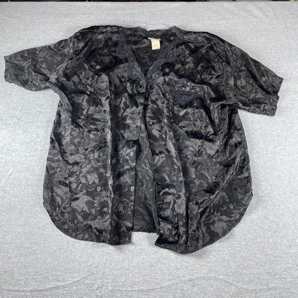 Adonna Robe Womens 1X Black Satin Floral Kimono Short Sleeve Plus Size Lace Trim